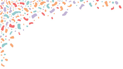 A scattered array of colorful confetti pieces in the upper left corner on a white background space