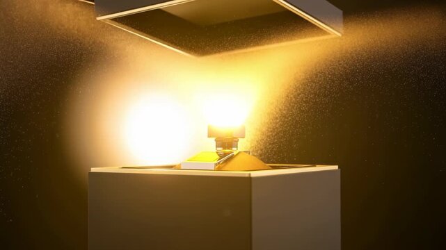 Luxury perfume bottle revealed from black gift box with golden light and sparkling dust effect, 4k video