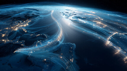 Undersea fiber optic cable route illustration, glowing lines connecting continents under ocean surface