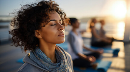 Defocused young couple at sunrise yoga class on deck faceless wellness journey healthy vacation mindfulness practice fitness activities peaceful morning routine yoga mats