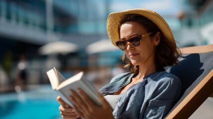 Defocused middle aged woman relaxing on sun lounger reading book by cruise ship pool faceless solo traveler enjoying peaceful moment deck chair vacation relaxation poolside