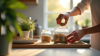 Woman pouring grains into glass jar on wooden kitchen countertop  