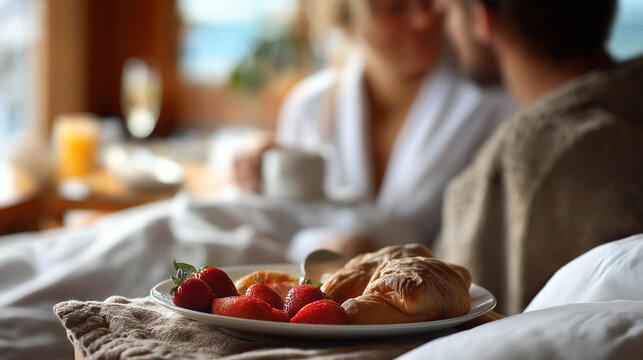 Defocused newlywed couple enjoying breakfast in bed in luxury suite faceless romantic honeymoon cruise intimate morning together premium cabin service champagne and - Powered by Adobe