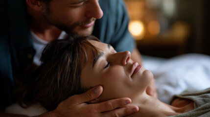 Defocused couple receiving couples massage in spa faceless travelers relaxing together wellness treatments romantic spa experience synchronized relaxation relationship