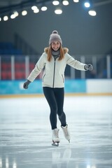 Young woman ice skating happily in indoor rink with bright lights  
