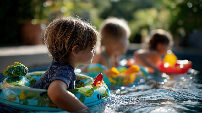 Defocused children's pool party with floaties and water toys faceless summer fun childhood joy supervised recreation family vacation happiness carefree moments colorful - Powered by Adobe