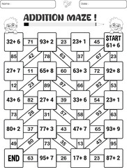Addition maze puzzle worksheet for children