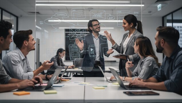 Business team discussing project ideas in modern office setting  