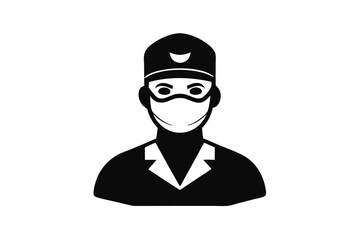 Silhouette illustration shows a doctor or medical worker wearing a mask and hat