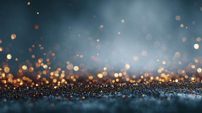 Bronze bokeh light particles floating over powder blue textured background - Powered by Adobe