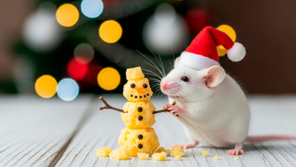 Funny white mouse in a Santa Claus hat made a snowman out of cheese, celebrating Christmas and New Year 
