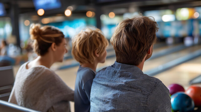 Defocused family playing mini bowling together faceless casual recreation all ages activity friendly competition quality time laughter and bonding bowling pins visible with