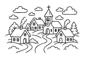 Naklejka premium A simple black and white line art illustration of a cozy village featuring multiple houses, a church with a cross and clock, winding paths, trees, and clouds in the sky.