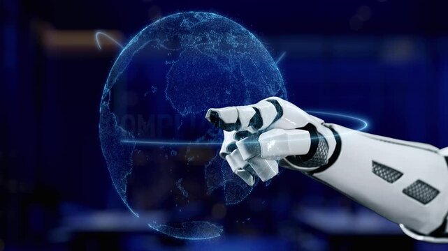 A futuristic robot interacts with a holographic globe displaying compliance elements including regulations, requirements, and standards in a high-tech business setting. Synapse