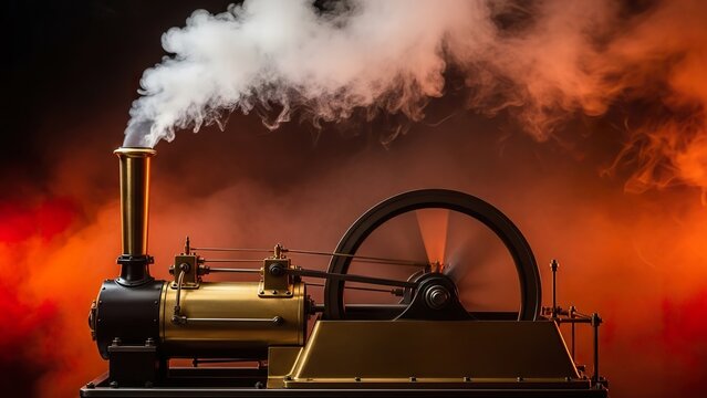 A meticulously crafted model steam engine belching smoke against a fiery backdrop, evoking the industrial revolution.