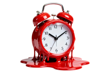 Red alarm clock melting into a puddle time alarm clock, red, melting, clock, time, melting clock, surreal, abstract, liquid, dripping, puddle, black background, retro, vintage, object, time concept, d