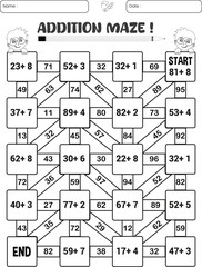 Addition maze puzzle worksheet for children