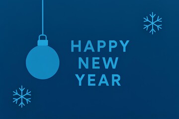 minimalist blue new year greeting card with ornament and snowflakes