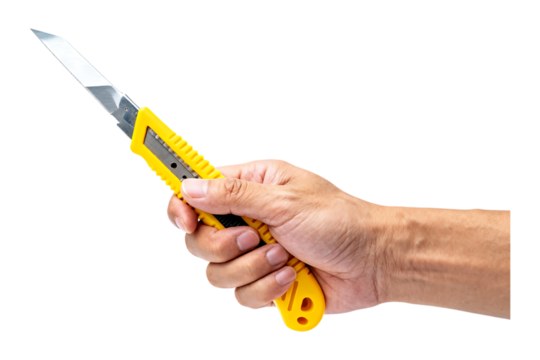 Hand holding yellow utility knife with silver blade hand, holding, yellow, utility knife, cutter, blade, silver, sharp, tool, cutting, craft, diy, construction, repair, safety, grip, object, isolated,