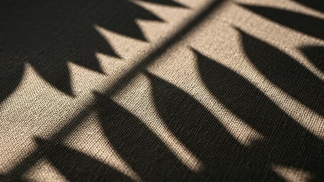 Close up of abstract shadow pattern resembling fern leaf falling across textured fabric surface, 4k video