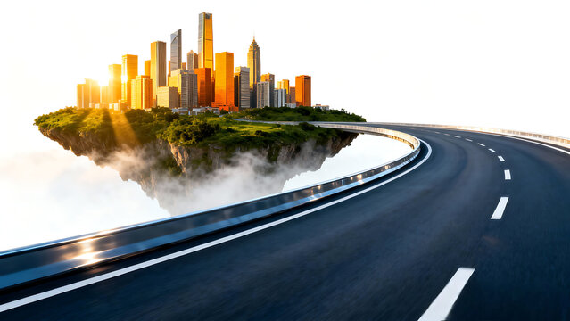 Floating island city with golden skyscrapers and winding road floating island, city, skyscrapers, golden, buildings, architecture, road, highway, street, curve, winding, sky, clouds, fog, mist, sunlig