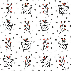 cute hand drawn black, white and red christmas seamless vector pattern background illustration with gift boxes, red berries and snow