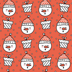 cute hand drawn black, white and red christmas seamless vector pattern background illustration with gift boxes, snowman and snowflakes