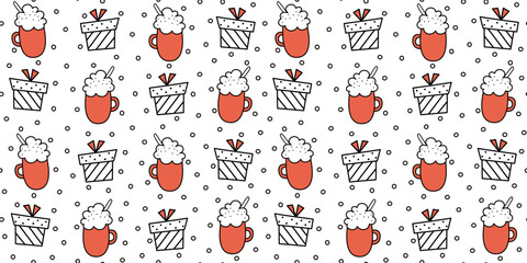 cute hand drawn black, white and red christmas horizontal seamless vector pattern background illustration with gift boxes, red mugs and snow