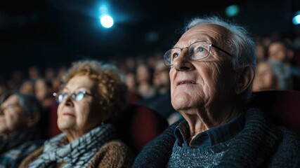 Elderly couple watching a movie in a cinema. The man has gray hair and glasses, while the woman has curly hair. They appear engaged and happy.