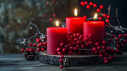 An elegant and beautiful arrangement of red candles surrounded by various berries, perfect for your holiday decor