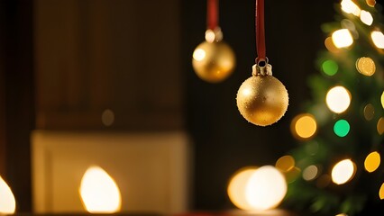 Close-up of golden Christmas baubles hanging in front of a blurred festive background with a decorated tree and warm lights