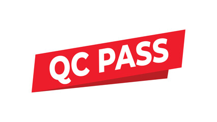 Qc pass red banner with white text, an essential symbol for quality control approval, successful validation, and compliance verification. Vector