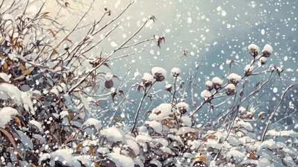 Fototapeta premium A stunning and breathtaking winter landscape showcasing snowladen branches along with lingering autumn leaves