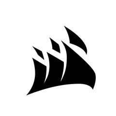 Black stylized sailing ship with three sails depicted against a white background in simple design