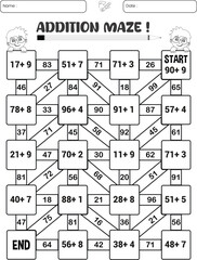 Addition maze puzzle worksheet for children