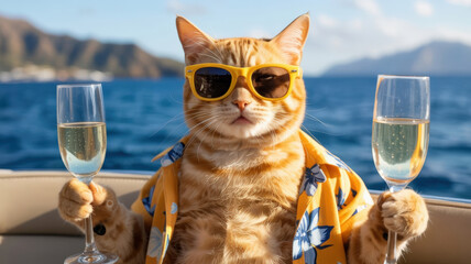 Orange tabby cat wearing sunglasses and Hawaiian shirt holding champagne glasses on a boat