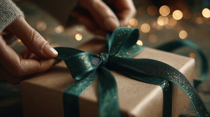 Holiday shopping concept with elegant green presents in trolley, warm store lights creating glamorous atmosphere for seasonal promotions.