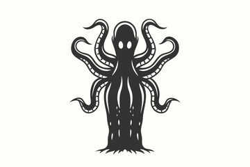 Silhouetted alienlike creature with tentacles and visible eyes, standing upright on a white background gives a spooky feeling