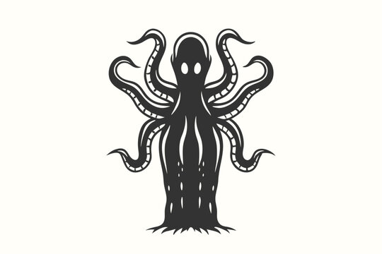 Silhouetted alienlike creature with tentacles and visible eyes, standing upright on a white background gives a spooky feeling