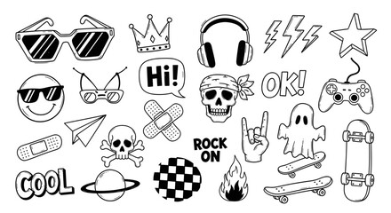 Cool doodle icons and stickers set, representing youth culture, music, gaming, skateboarding, and pop art elements in black and white hand-drawn style.