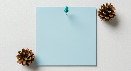 Blue Note with Pine Cones on White Wall Ready for Message