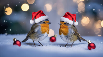 Two robins wearing santa hats in snow with christmas ornaments