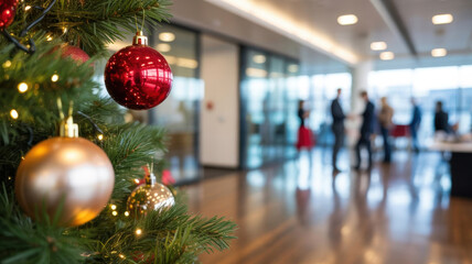 Christmas tree ornaments and lights in office lobby