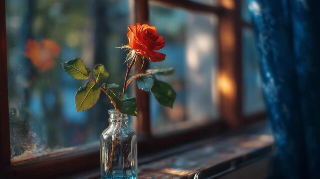 Single orange rose in a glass vase on a window sill