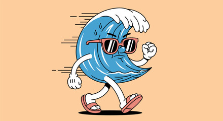 Cool cartoon ocean wave character with pink sunglasses and flip-flops walking briskly, a dynamic illustration representing summer, speed, and energetic movement.