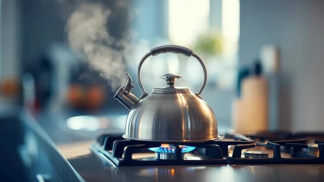 Stainless steel kettle boiling on gas stove