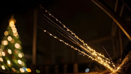 Festive golden sparks flying on a dark night, with a beautifully blurred Christmas tree creating a magical holiday celebration atmosphere