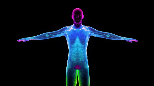 A colorful thermal image of a human body with arms extended. The body displays a gradient of colors representing heat distribution.