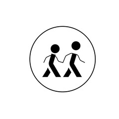 Two stick figures holding hands walking inside a circle with black lines on a white background