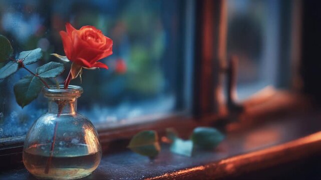 Single orange rose in a glass vase by a rainy window